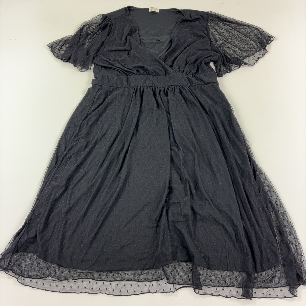 Kiyonna Dress Womens 2X Black Mesh Polka Dot Wrap Flutter Sleeve Midi Lined